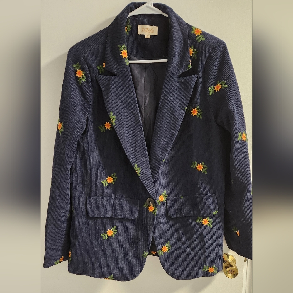 Listicle Navy Oversized Corduroy Blazer with Floral Embroidery , Size S